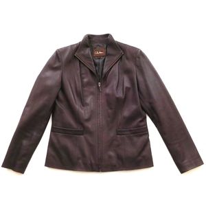 COLE HAAN Leather Front Zip Wing Collar Jacket Classic Brown